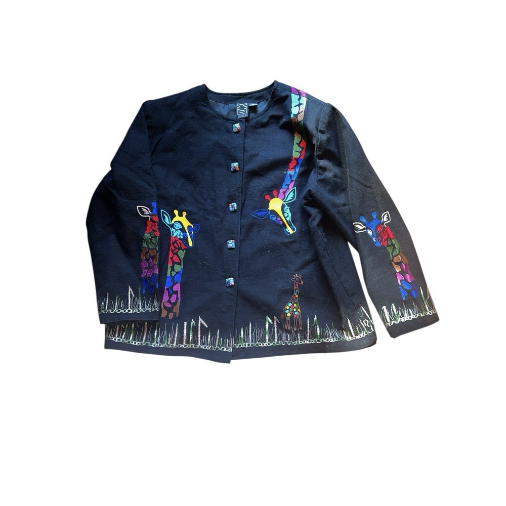 Daniel K Vintage Black Embroidered Giraffe Jacket Plus 1X Whimsical Artsy Animal